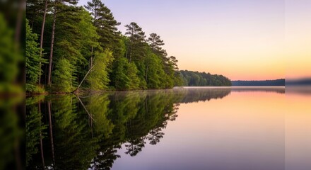 Still waters and tranquil reflections at lakeside dawn scene in natural setting