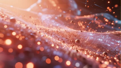Abstract close-up of a glowing, textured surface with sparkling particles and warm light effects