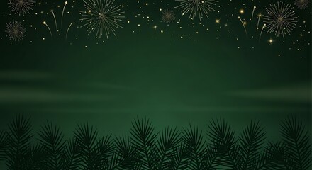 Dark green festive holiday background with fireworks and pine branches.