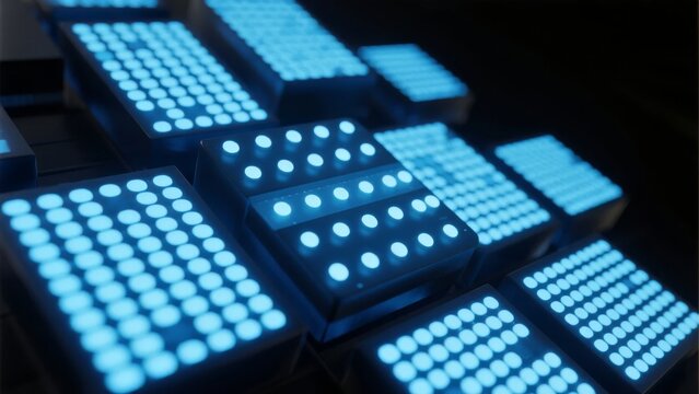 Array of illuminated blue LED panels arranged in a grid pattern, glowing against a dark background