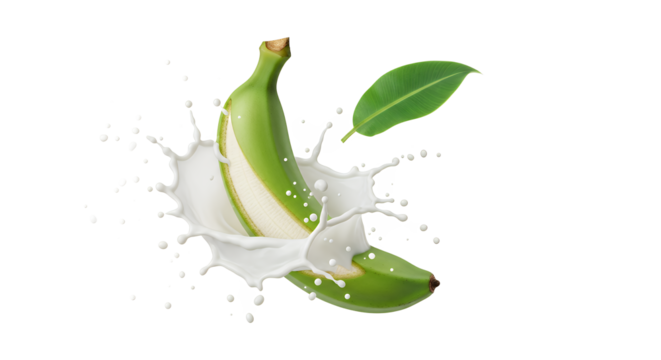 Splash of milk with a green banana peel and leaf, refreshing and healthy food concept