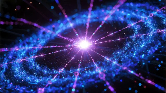 Abstract cosmic scene with radiant star at center, surrounded by swirling blue and purple particles and glowing lines forming a spiral galaxy-like structure.