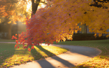 Golden autumn leaves casting shadows on a winding path, creating a serene and inviting outdoor scene perfect for travel, nature, or seasonal themes