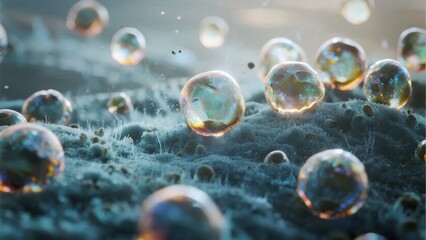 Transparent bubbles floating above a textured, mossy surface with reflective surfaces and soft lighting