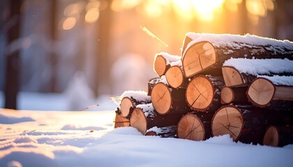 Pile of logs covered in snow in a winter forest.