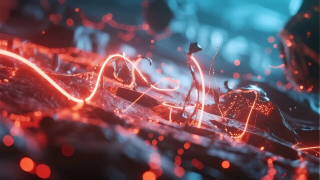 A futuristic landscape with glowing red energy trails flowing across a rugged terrain, illuminated by vibrant light effects.