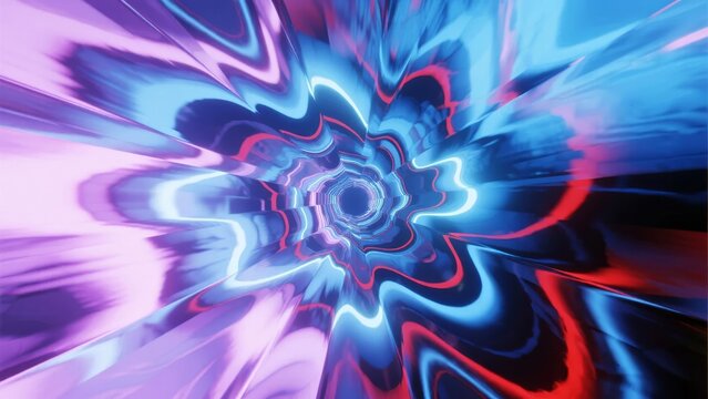 Abstract psychedelic tunnel with swirling blue, purple, and red patterns radiating from a central point - Powered by Adobe