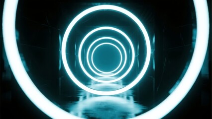 Neon-lit circular tunnel with glowing rings creating a futuristic corridor effect