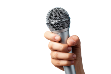 Hand holding a silver microphone against a black background (1)