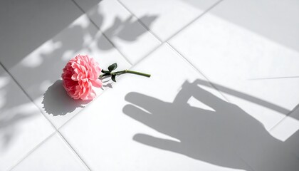 Pink Carnation on White Tile with Hand Shadow.