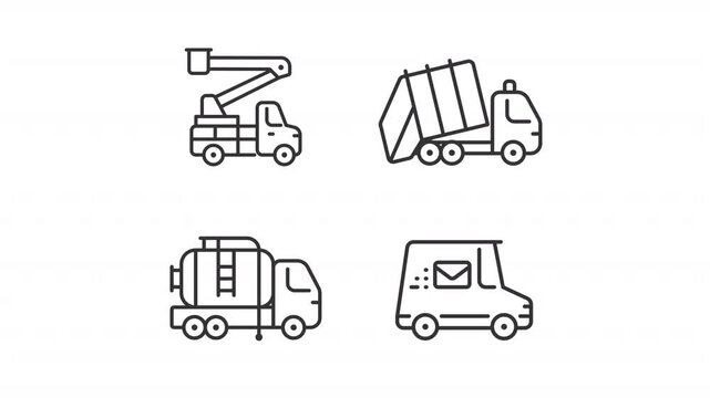 Animated public utilities vehicles line icons. Various service trucks animation set. Cleaning, delivery and maintenance trucks. Outline elements on white background. HD video with alpha channel
