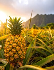 Pineapple in a field at sunset with mountain backdrop.