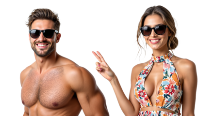 Hombre y mujer con estilo playero y gafas de sol sin fondo