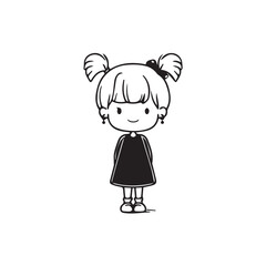 Beautiful Kawaii Girl Black and White Vector Illustration in Cute Simple Line Art Style