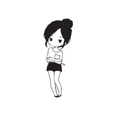 Beautiful Kawaii Girl Black and White Vector Illustration in Cute Simple Line Art Style