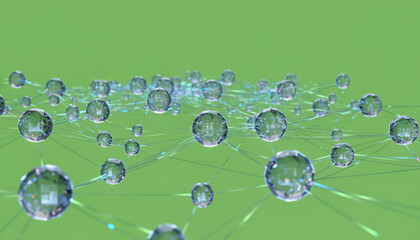 Abstract representation of digital connections with crystal-like spheres on a vibrant green background, symbolizing innovation.