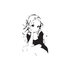 Beautiful Kawaii Girl Black and White Vector Illustration in Cute Simple Line Art Style