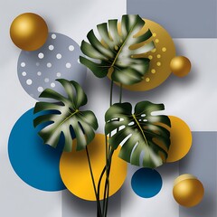 Abstract composition with tropical leaves, colorful circles and geometric shapes