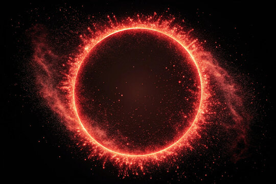 A red circle of light against a black background. Space. Neon lights. Background material. Smoke.