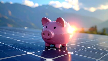 Pink Piggy Bank on Solar Panel with Mountain Backdrop.