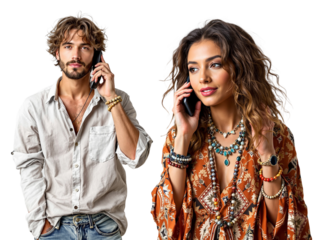 Hombre y mujer con vestimenta bohemia atendiendo una llamada telefónica sobre fondo transparente