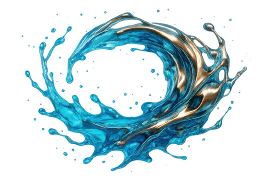 Dynamic liquid splash of vibrant blue and molten gold paint swirling in an abstract wave, transparent background