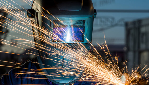 Industrial worker welding metal with bright sparks flying in factory workshop