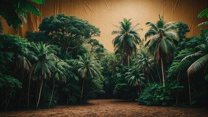 Lush tropical rainforest with dense palm trees and rich greenery against a textured brown backdrop