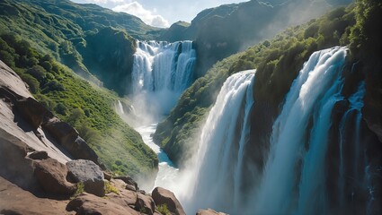 Majestic dual waterfalls cascading into a verdant canyon with sunlight filtering through mist