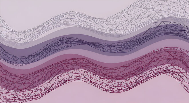 Abstract digital wireframe mesh undulating over flowing gradient color band