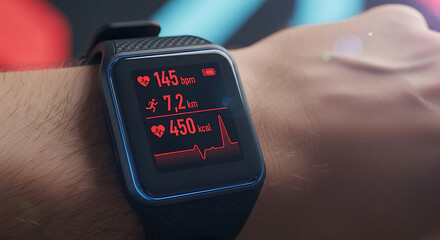 Smartwatch displaying vital statistics heart rate, distance covered, and calories burned, for fitness tracking