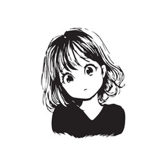 Beautiful Kawaii Girl Black and White Vector Illustration in Cute Simple Line Art Style