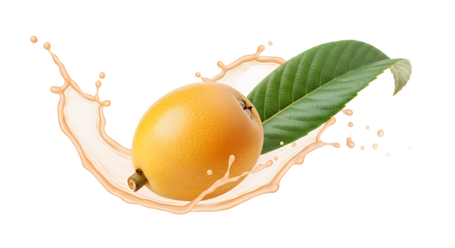 Fresh loquat fruit splashing into liquid, with green leaves, a healthy and vibrant food concept