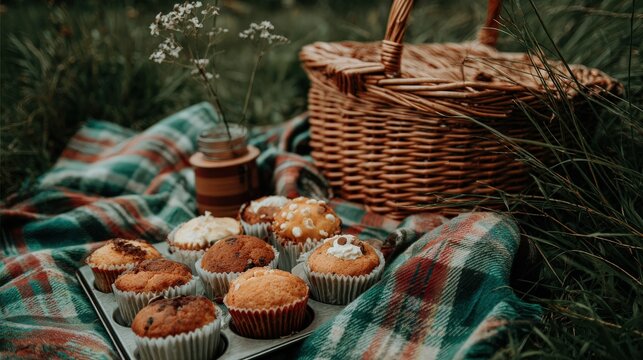 Woven picnic basket rests beside assorted baked goods on a patterned blanket outdoors - Powered by Adobe