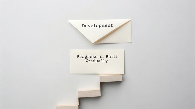 Inspirational Concepts of Development and Gradual Progress Illustrated with Paper and Wooden Steps on a Neutral Background