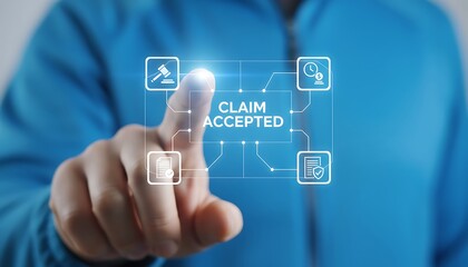Fototapeta premium Man working on virtual touch screen presses inscription: CLAIM ACCEPTED. Claim Compensation Accepted Management Business Department Concept