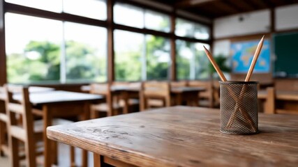 Empty classroom interior with wooden desks pencils and natural light for education concepts