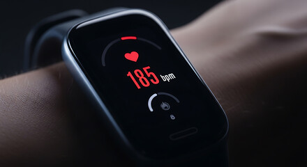 Wrist-worn health tracker displaying elevated heart rate, fitness and wellness technology