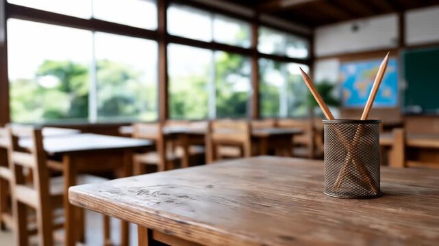 Empty classroom interior with wooden desks pencils and natural light for education concepts