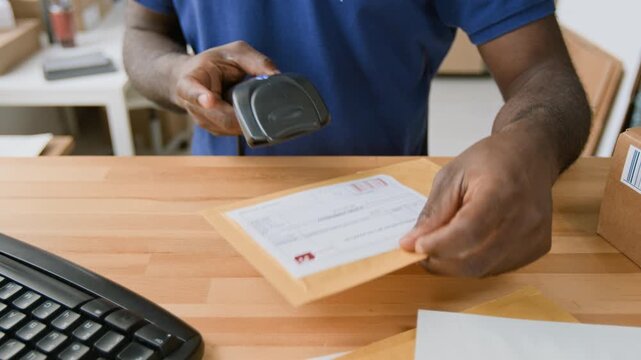 Medium shot of midsection and hands of anonymous black male employee scanning barcodes on packages and envelopes, while preparing for express delivery to customers