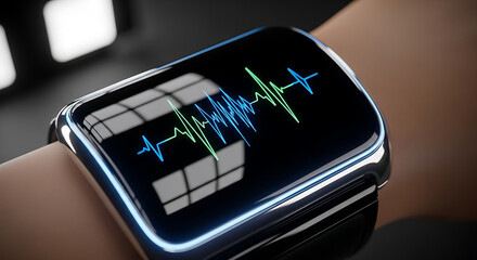 Smartwatch display showing a vibrant green and blue electrocardiogram waveform against a dark background, representing health monitoring