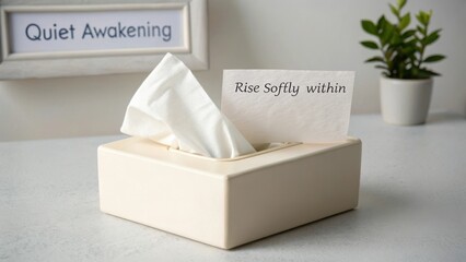Gentle reminder to embrace self-care and peace with tissues and uplifting message in a serene indoor setting