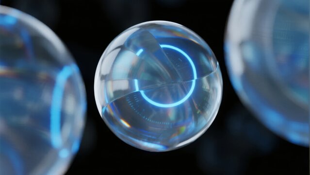 Transparent spherical objects with glowing blue circular patterns against a dark background