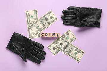 Word CRIME with gloves and money on lilac background