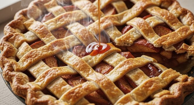 Delicious Homemade Apple Pie with Lattice Crust and Caramel Drizzle. - Powered by Adobe