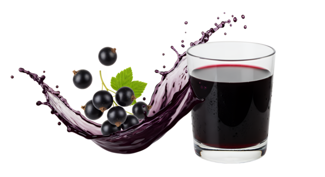 Fresh Black Currant Juice in a Glass with Splash, Healthy Drink Still Life