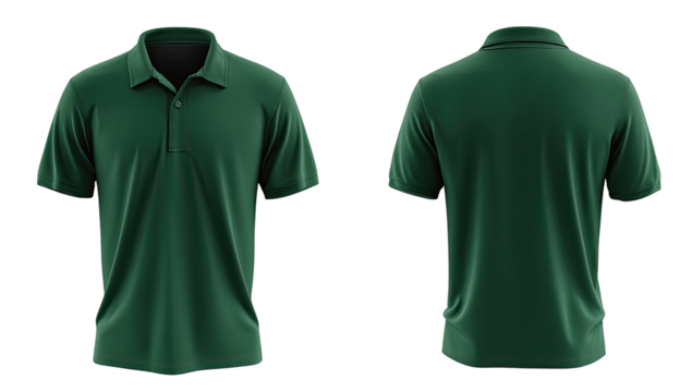 Front and back view of a dark green collared polo shirt