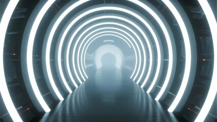 Futuristic illuminated tunnel with concentric circular lights and a glowing pathway leading into the distance