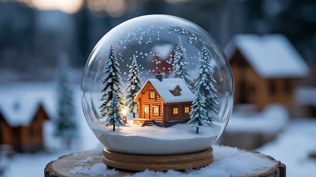 Magical glowing winter cabin nestled within a crystal clear snow globe surrounded by frosted evergreen trees and soft snowfall