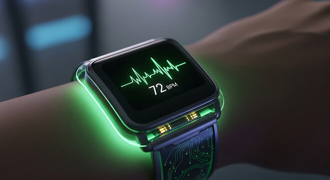Smartwatch displaying a heart rate monitor with glowing green accents on a person's wrist
